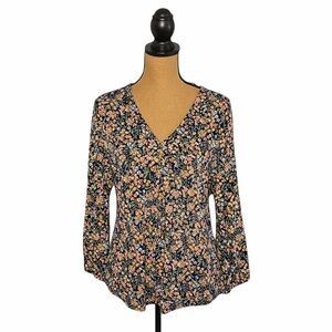 Vince Camuto Floral V Neck Blouse Womens Large Boho Peasant Top Cottage Spring